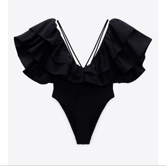 Zara Black Ruffle Swimsuit Bodysuit Size S - Picture 2 of 9